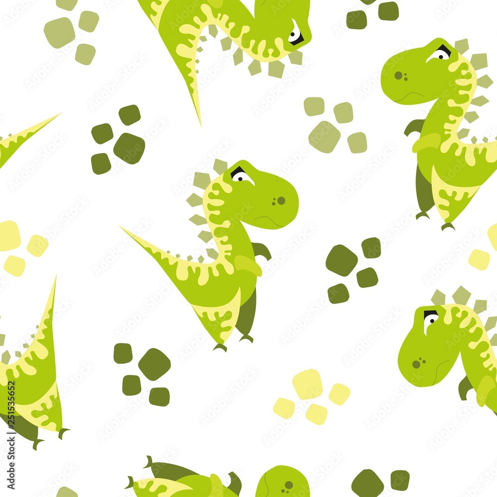 Obraz premium Seamless dinosaur pattern. Animal white background with green dino. Vector illustration.
