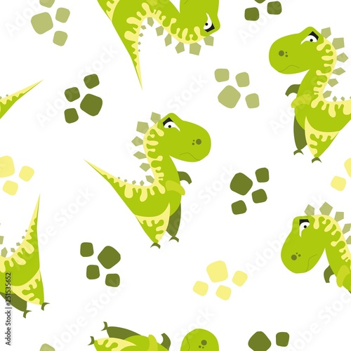 Seamless dinosaur pattern. Animal white background with green dino. Vector illustration.