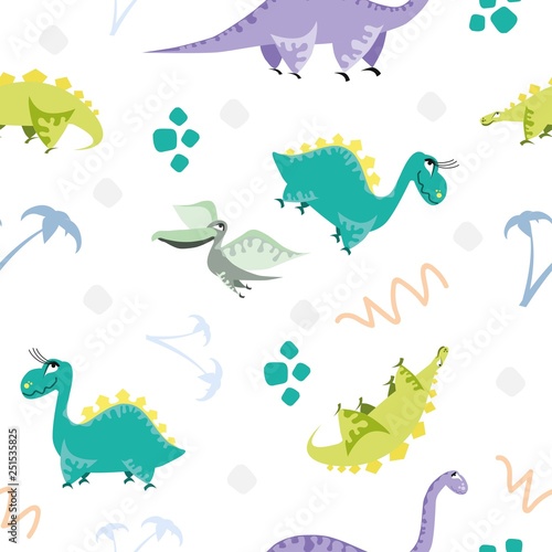 Seamless dinosaur pattern. Animal white background with colorful dino. Vector illustration.