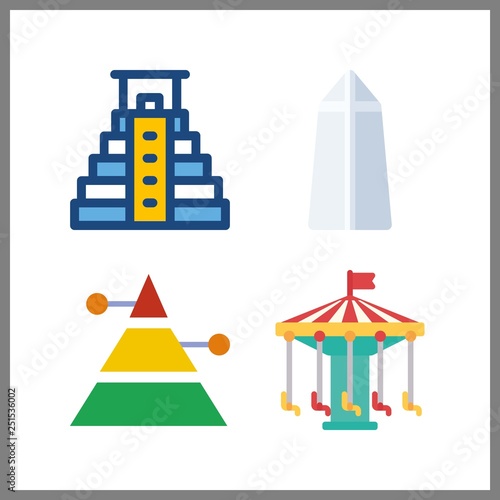 4 attraction icon. Vector illustration attraction set. pyramid and carousel icons for attraction works