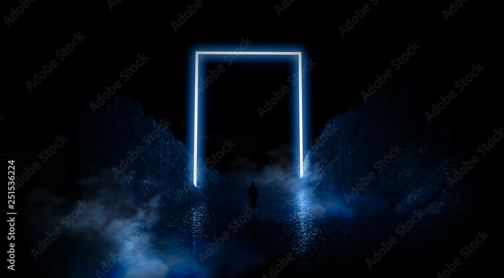 Fototapeta Dark abstract futuristic background. Dark, empty space, empty stage, room with light element, neon light, abstract light. Cosmic fantasy with neon light. Reflection on the wet surface of neon light. N