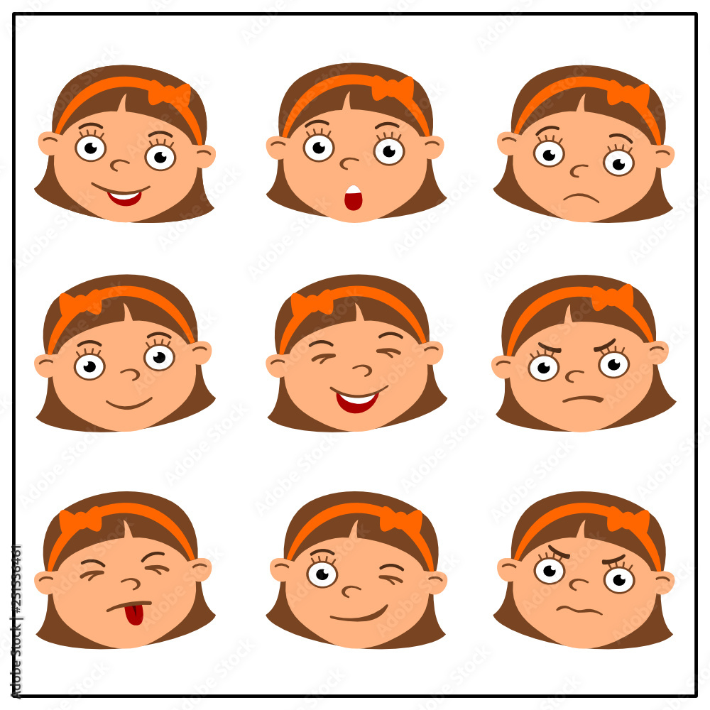 Set of funny girl's faces with different emotions in cartoon style.