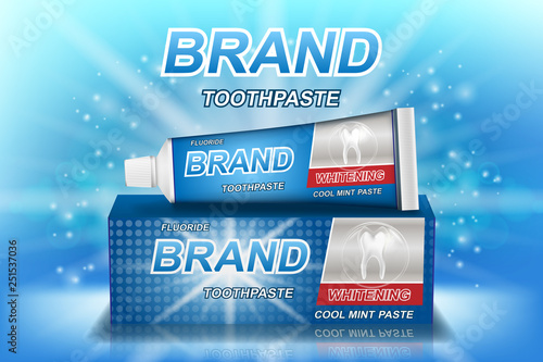 Whitening toothpaste ads isolated on blue. Tooth model and product package design for dental care poster or advertising. 3d Vector illustration.