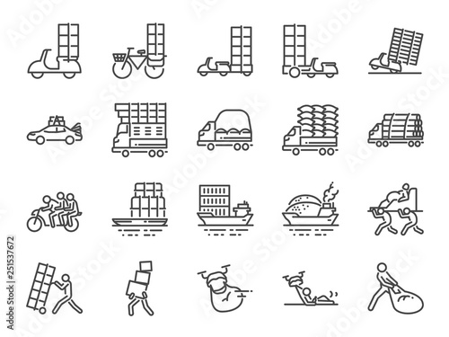 Overweight transport line icon set. Included icons as shipping, delivery, heavy, truck, trailer and more.