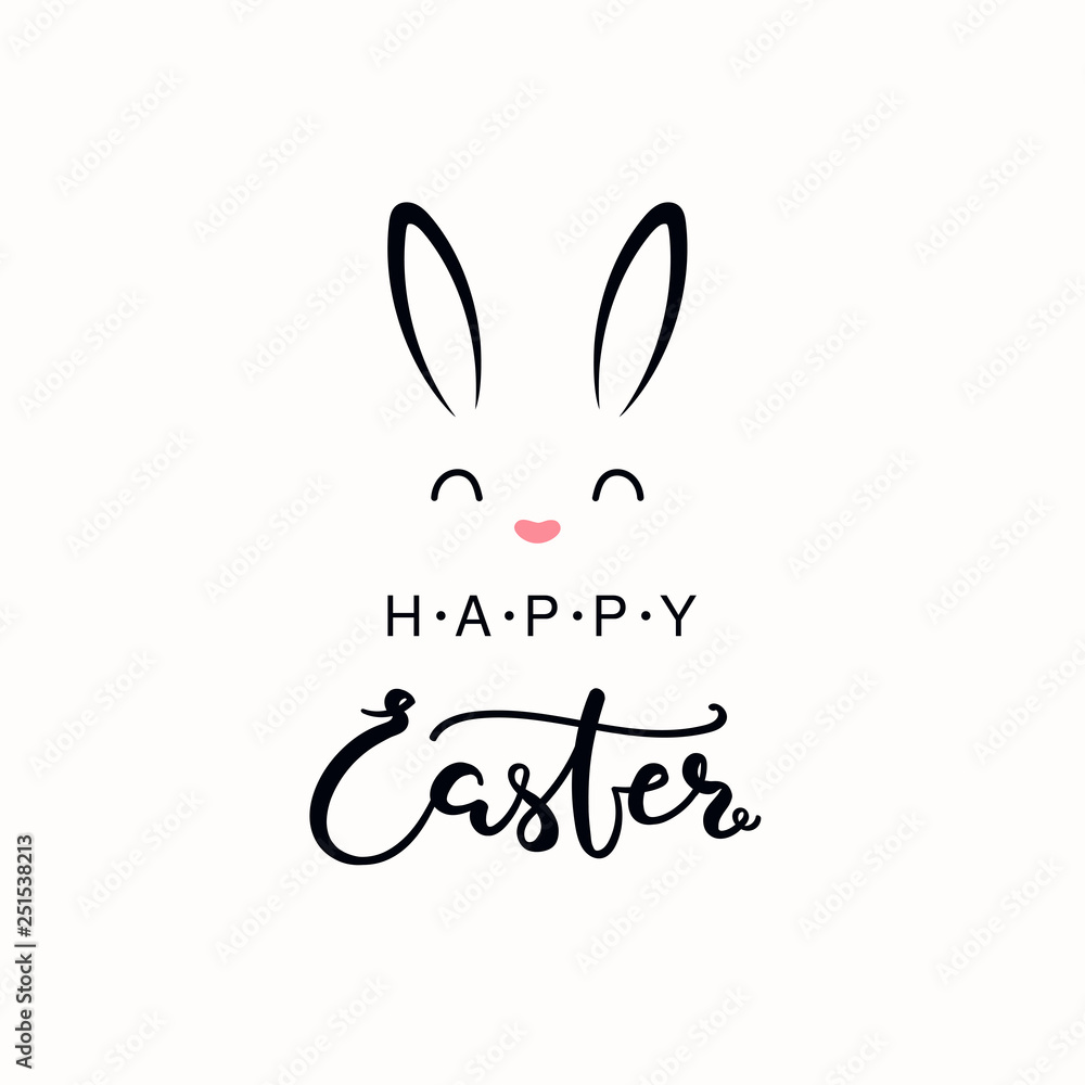 Obraz premium Hand written calligraphic lettering quote Happy Easter, with bunny face. Isolated objects on white background. Hand drawn vector illustration. Design concept, element for card, banner, invitation.