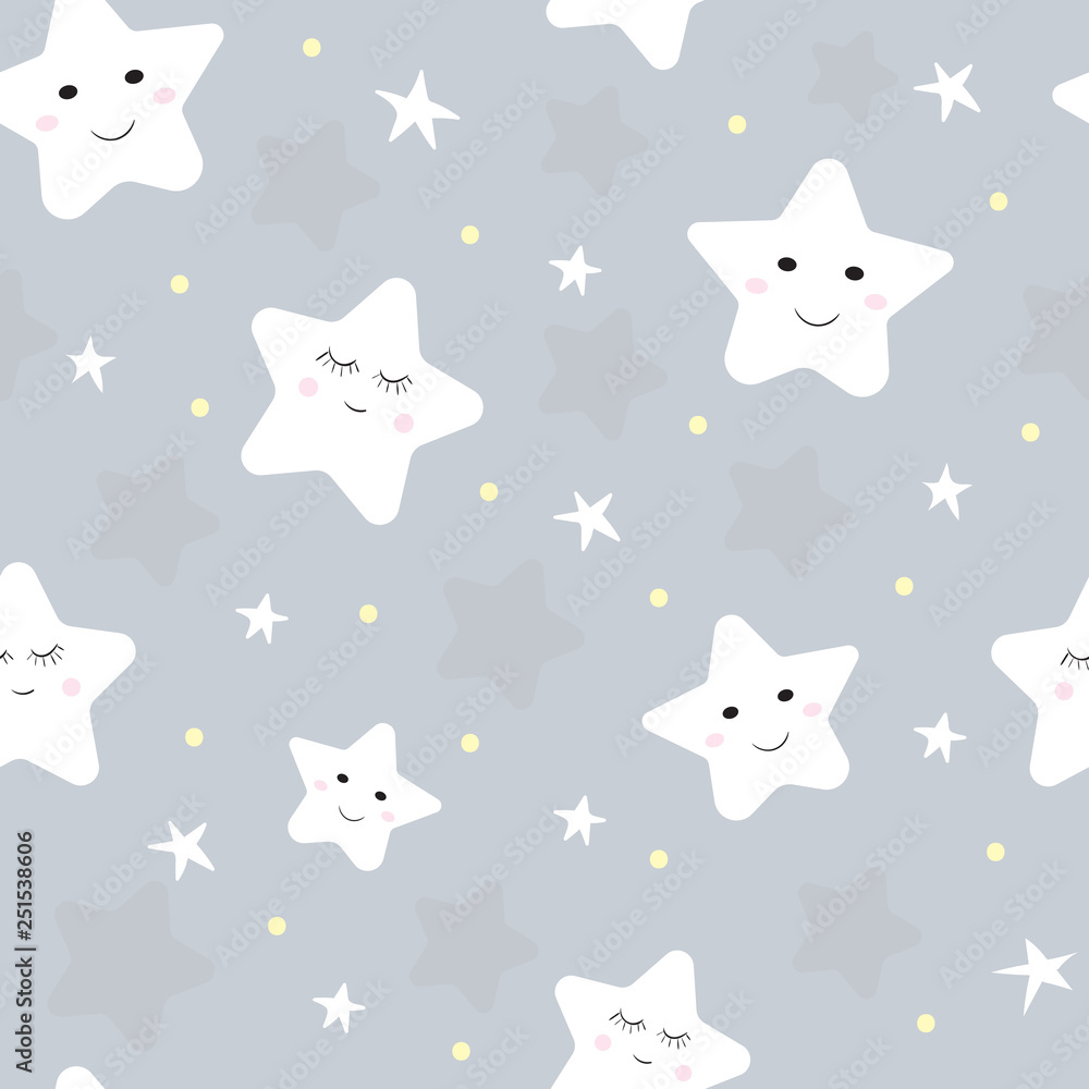Cute stars with faces. Cartoon repeat seamless pattern for kids or baby shower. Vector illustration on pastel background. Best for kids, girl or boy. Cute stars with faces. Cartoon repeat seamless pattern for kids or baby shower. Vector illustration on pastel background. Best for kids, girl or boy.