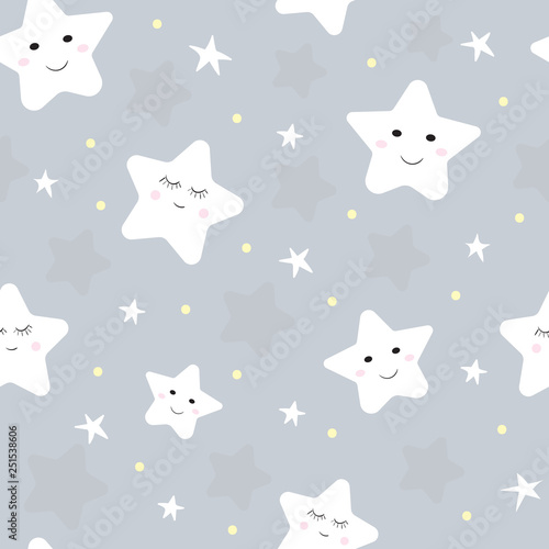 Cute stars with faces. Cartoon repeat seamless pattern for kids or baby shower. Vector illustration on pastel background. Best for kids, girl or boy.