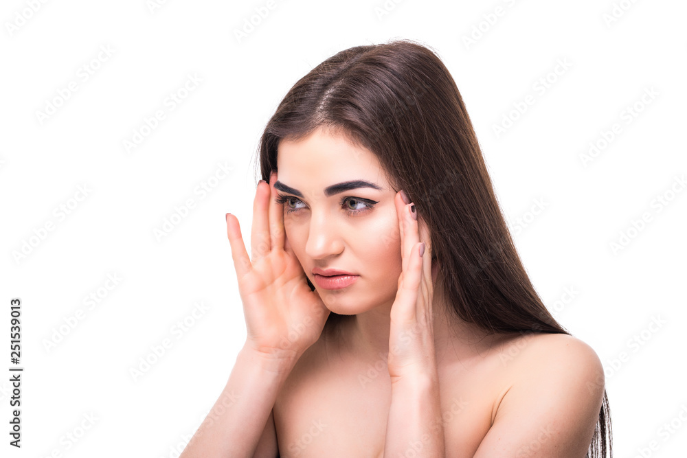 Healthy skin beautiful woman face close up clean skin beauty plastic surgery isolated on white background Healthy skin beautiful woman face close up clean skin beauty plastic surgery isolated on white background