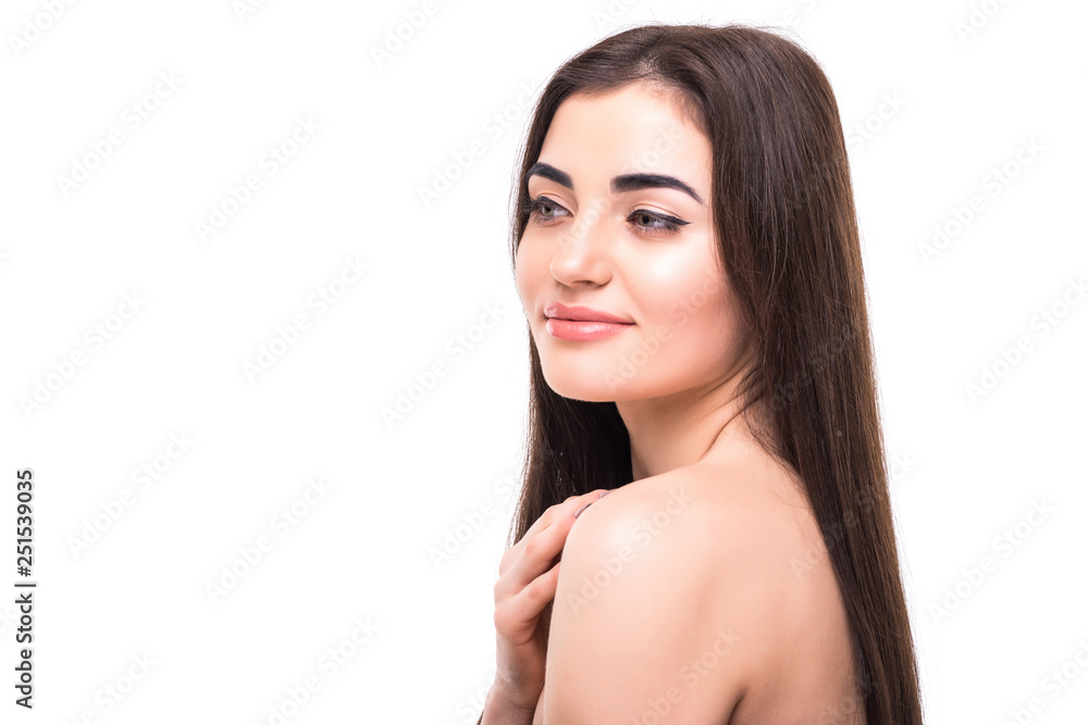 Beautiful woman red lips fly hair portrait healthy skin isolated on white backround Beautiful woman red lips fly hair portrait healthy skin isolated on white backround