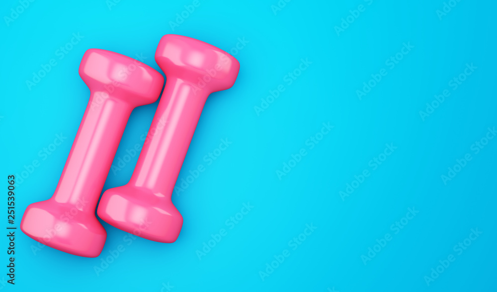 pink dumbbells isolated on blue background. 3d illustration pink dumbbells isolated on blue background. 3d illustration