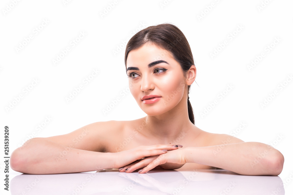 Woman beauty face portrait isolated on white with healthy skin Woman beauty face portrait isolated on white with healthy skin