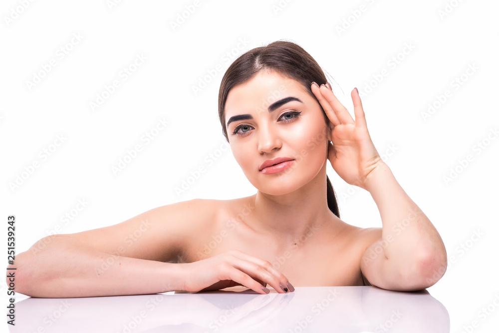 Beauty Woman face Portrait. Beautiful model Girl with Perfect Fresh Clean Skin color lips purple red. Blonde brunette short hair Youth and Skin Care Concept isolated on beige background Beauty Woman face Portrait. Beautiful model Girl with Perfect Fresh Clean Skin color lips purple red. Blonde brunette short hair Youth and Skin Care Concept isolated on beige background