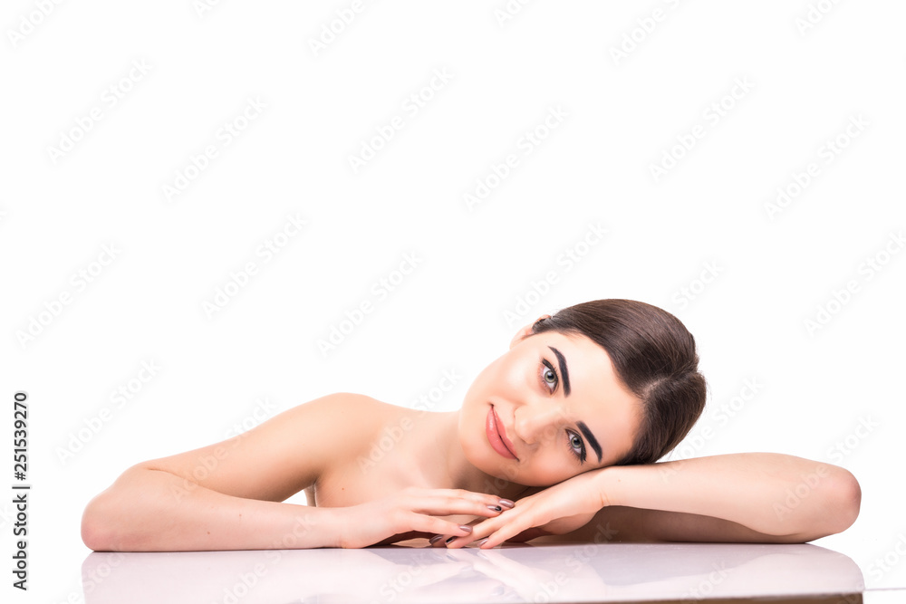 Face of attractive young and healthy woman with nude makeup. Health care, spa, makeup, face lifting concept. Face of attractive young and healthy woman with nude makeup. Health care, spa, makeup, face lifting concept.