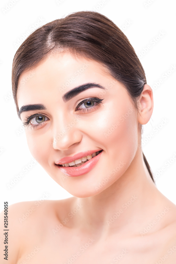 Obraz premium Beauty Woman Portrait. Professional Makeup for Brunette with Blue eyes - Lipstick, Smoky Eyes. Beautiful Fashion Model Girl. Perfect Skin. Make up isolated on a White Background. Part of face
