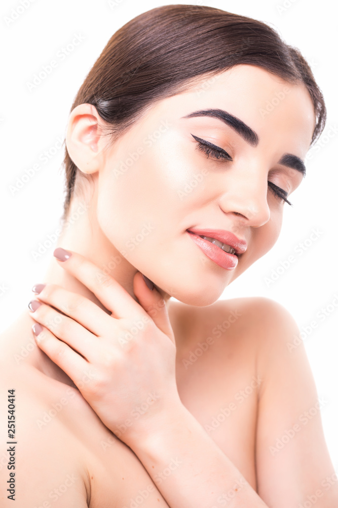 Close up portrait of beautiful young woman face. Isolated on white background. Portrait of a female model. Close up portrait of beautiful young woman face. Isolated on white background. Portrait of a female model.