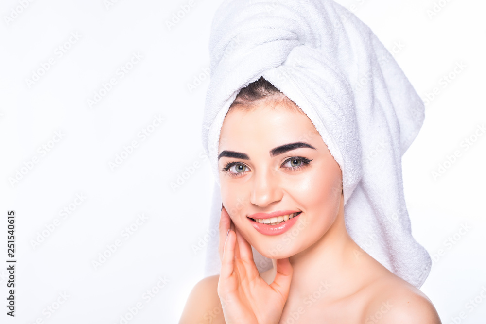 Beautiful young woman after bath on white background Beautiful young woman after bath on white background