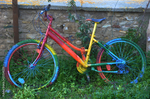 bicycle, color, bike, old, vintage, wall, transportation, cycle, retro, sport, concept, urban, classic, transport, cycle, antique, bicycles, paint, color, colorful, blue, red, yellow, creative, painti