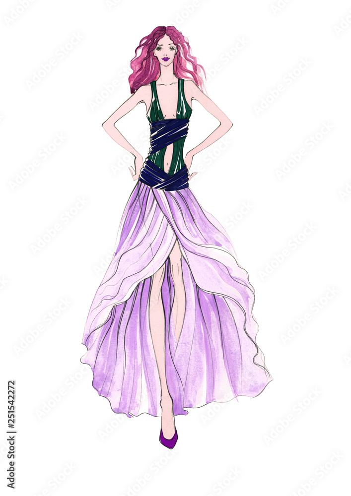 Watercolor fashion illustration isolated on white background. Freehand  sketch of beautiful young girl in a long fluttering purple-violet dress.  Evening, cocktail dress. Stage and dance wear. Catwalk. Stock Illustration  | Adobe Stock