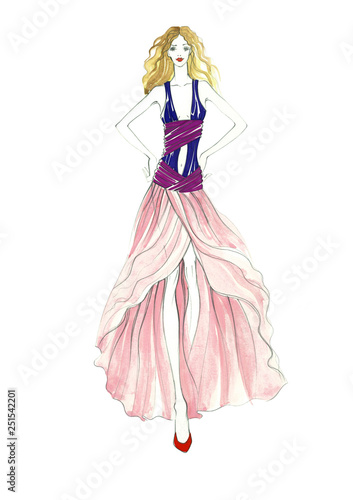 Watercolor fashion illustration isolated on white background. Freehand sketch of beautiful young girl in a long fluttering purple-violet dress. Evening, cocktail dress. Stage and dance wear. Catwalk.