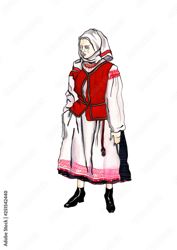 Woman in belarusian national costume. Isolated watercolor illustration. Traditional local attire: white chemise with embroidered red patterns, skirt, apron,vest, belt and namitka headdress.