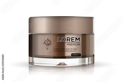 Round brown plastic jar with  gold lid for cosmetics - body cream,  butter, scrub, bath salt, gel, skin care, powder. Realistic packaging mockup template.  Side view. Vector illustration.