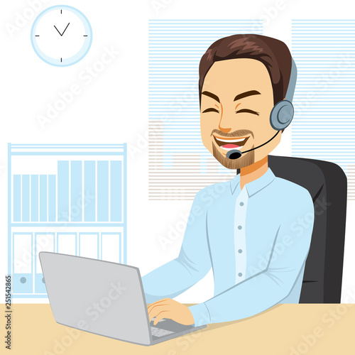 Illustration of Male call center operator with headset working on laptop typing smiling happy answering phone call
