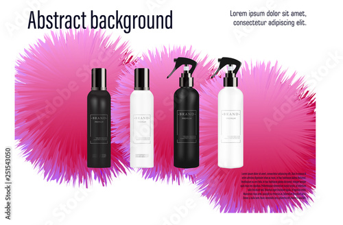 Realistic white and black cosmetic mockup.  Packages for cosmetic product.  Blank templates of containers vial with dropper, spray, bottle for shower gel, lotion, shampoo with  pump dispenser, jar, tu