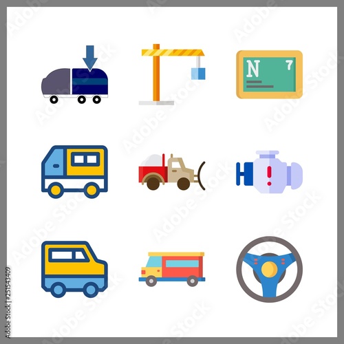 9 truck icon. Vector illustration truck set. nitrogen and winch icons for truck works