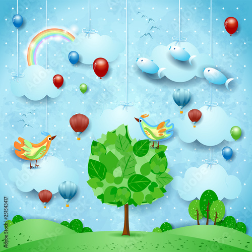 Surreal landscape with big tree, balloons, birds and flying fishes