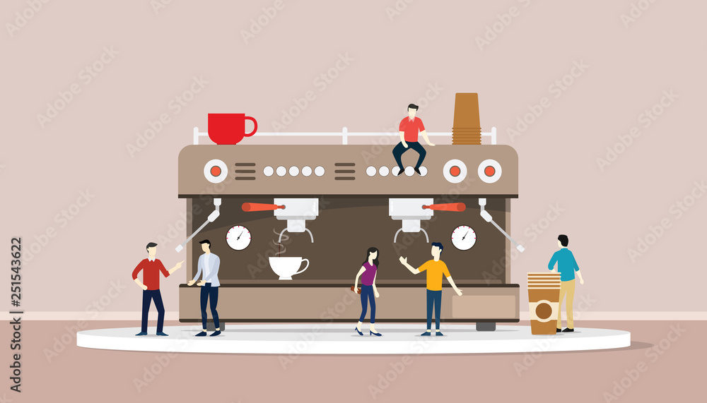 coffee machine with people and cup of warm coffee - vector illustration coffee machine with people and cup of warm coffee - vector illustration