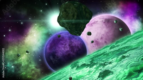 Green huge alien planet with several planets behind. Space art collection. Loop.