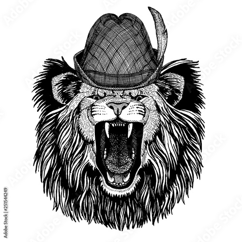 Hand drawn image of lion for tattoo, t-shirt, emblem, badge, logo, patch