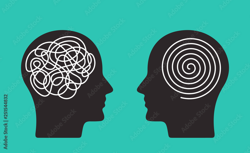Two heads of a person with the opposite mindset. concept of chaos and order in thoughts. flat vector illustration isolated