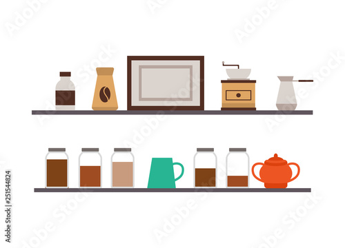 Cafe shelves, coffee and tea, grinder and turk, sugar vector. Bottles and jars or packs, empty frame, bar or cafeteria interior design element, drinks