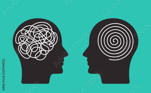 Two heads of a person with the opposite mindset. concept of chaos and order in thoughts. flat vector illustration isolated