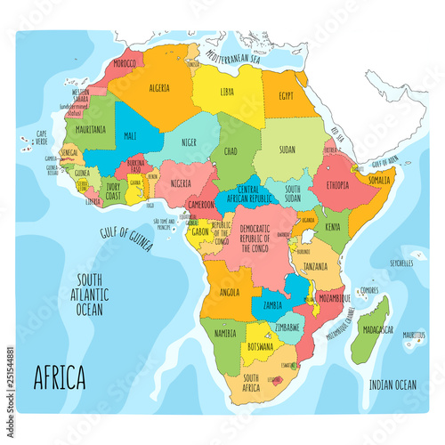 Colorful hand drawn political map of Africa.