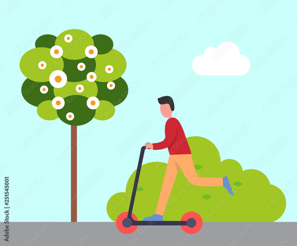 Person with skating board outdoors vector. Blooming tree and teenager skating outdoors, hobby of male riding. Skateboarding in spring, greenery of nature