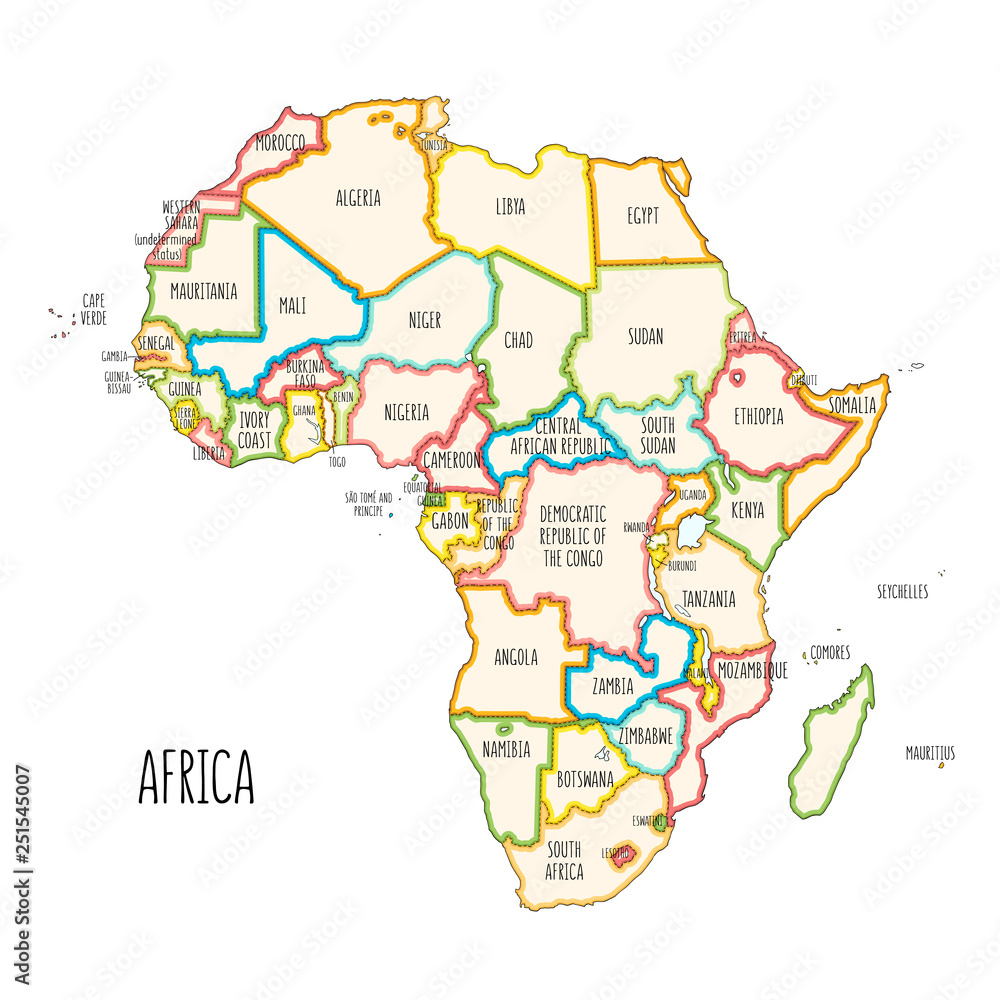 Colorful hand drawn political map of Africa.