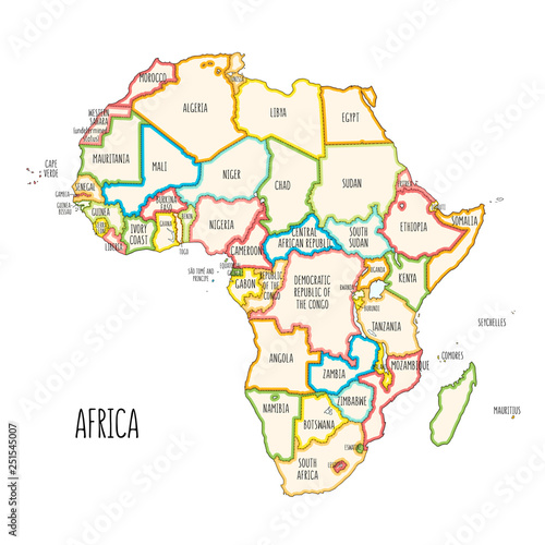 Colorful hand drawn political map of Africa.