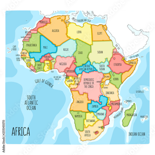 Colorful hand drawn political map of Africa.