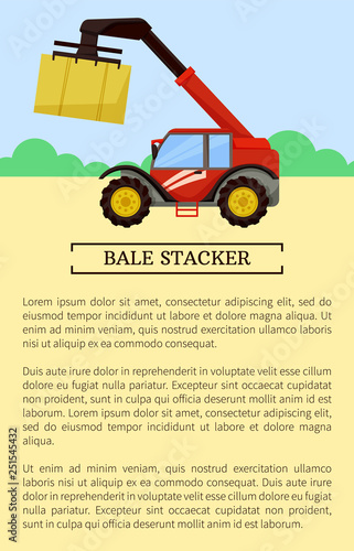 Bale stacker baler poster with text sample. Device with crane holding cube made of hay, Compression and storage of dry grass. Agro machinery vector