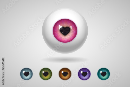 Eyeball and colored irises with heart-shaped pupils