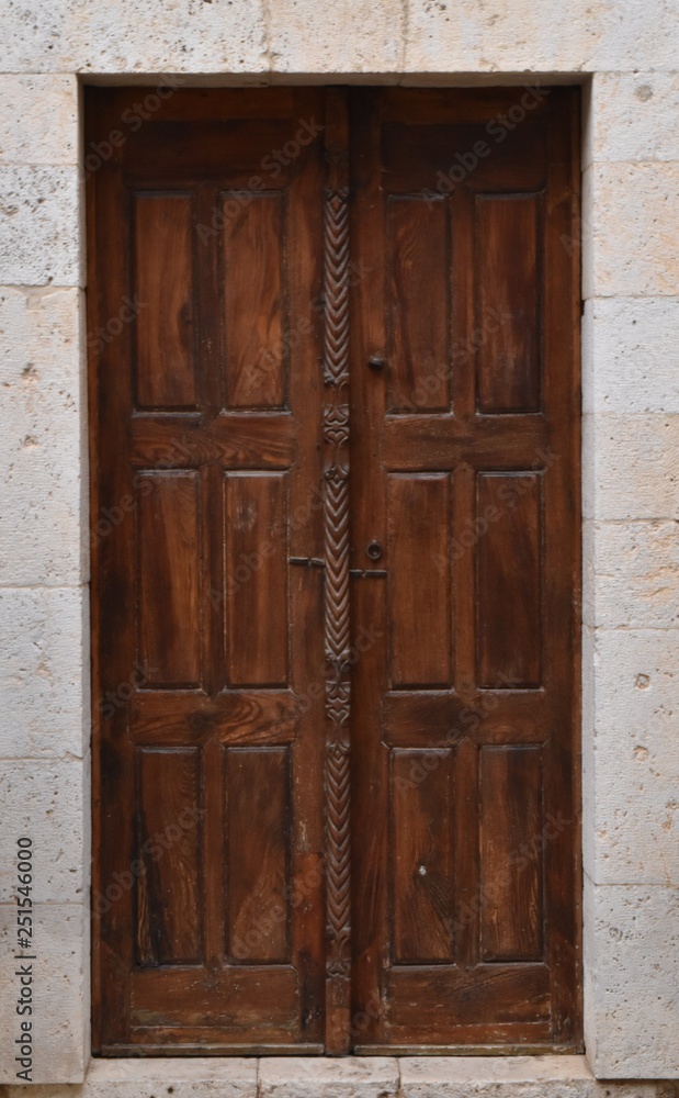 Ancient wooden door decoracted with carved frieze