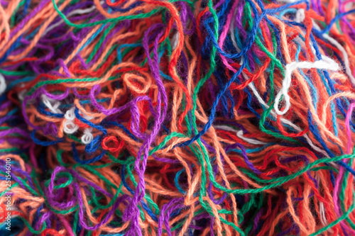 The intricated multi-colored yarn threads, close up, mess photo