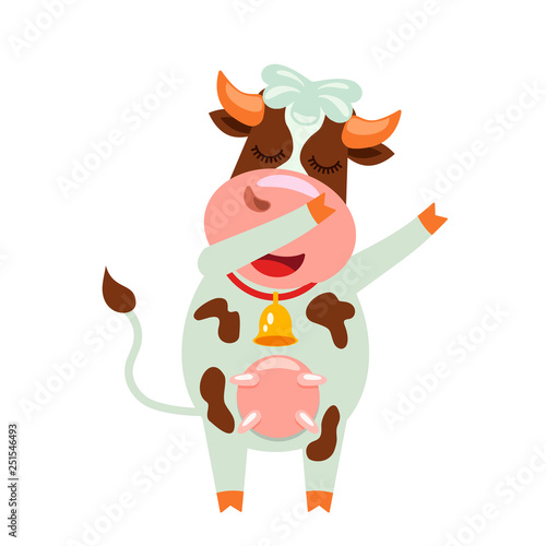 A cute cow with a funny face and a bell dances modern dance. funny character in cartoon style. flat vector illustration
