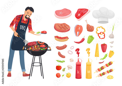 BBQ serving man and isolated icons set vector. Grille grid with roasting meat, beef and pork skewers. Vegetables and sauces, chef hat and brochettes