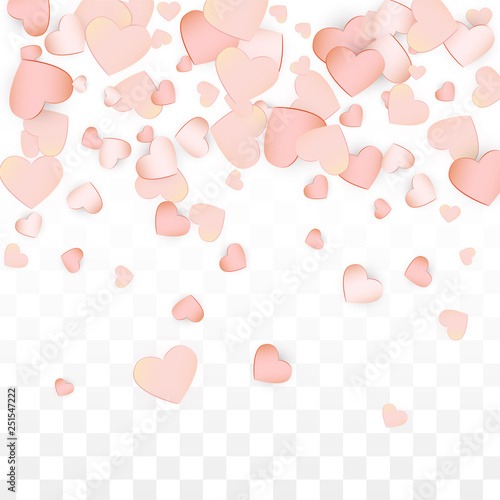 Love Hearts Confetti Falling Background. St. Valentine's Day pattern Romantic Scattered Hearts. Vector Illustration for Cards, Banners, Posters, Flyers for Wedding, Anniversary, Birthday Party, Sales.