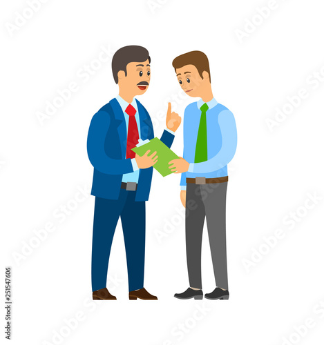 Boss company leader talking to office worker man wearing suit vector. People discussing business ideas and strategy planning. Clipboard with pages