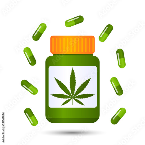 medical marijuana prescription drug cannabis pills and drug packaging. cannabis leaf. concept of legalization and treatment of marijuana. vector illustration