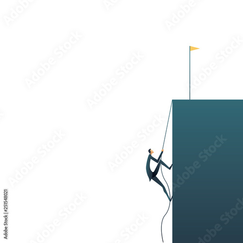 Business goals and objectives vector concept. Businessman climbing on a rope. Symbol of planning, strategy, mission, achievement, ambition and success.